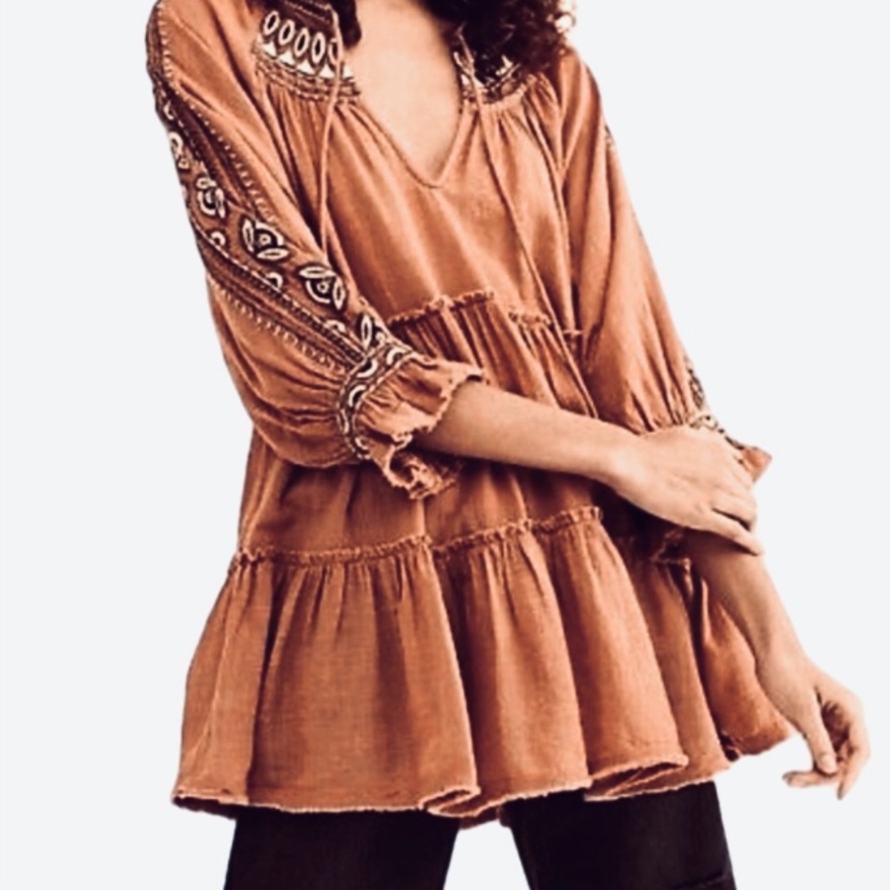 FREE PEOPLE Dream Weaver V-neck Embroidered Tunic in Rust Size XS